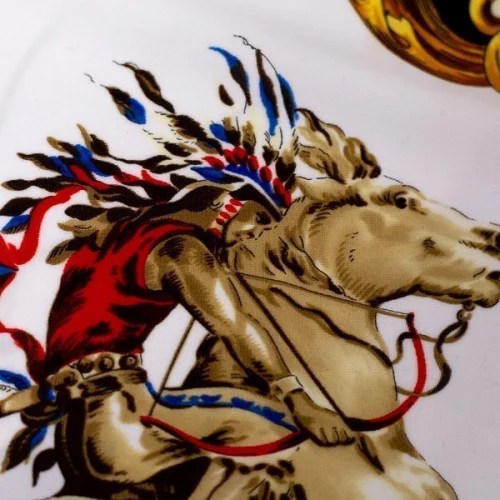 Изображение Трикотаж лайкра купон 88 см, кони индейцы и вензеля, дизайн VERSACE