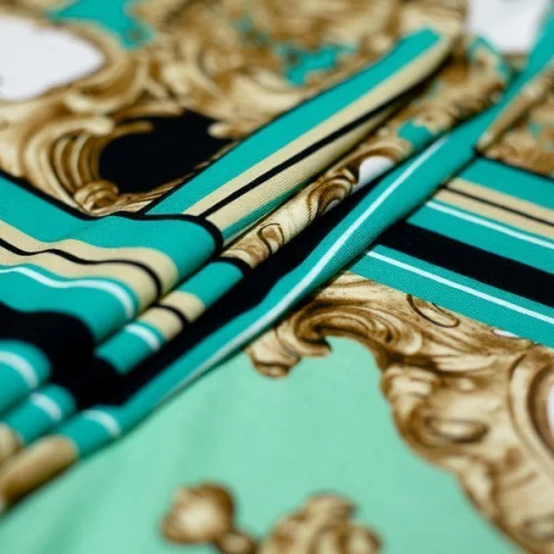 Изображение Трикотаж полоса и вензеля, бирюзовый, дизайн VERSACE