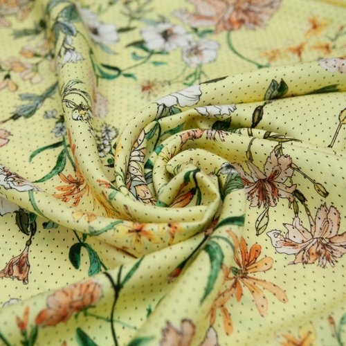 Изображение Плательная ткань желтая, вискоза, луговые цветы, дизайн GUCCI