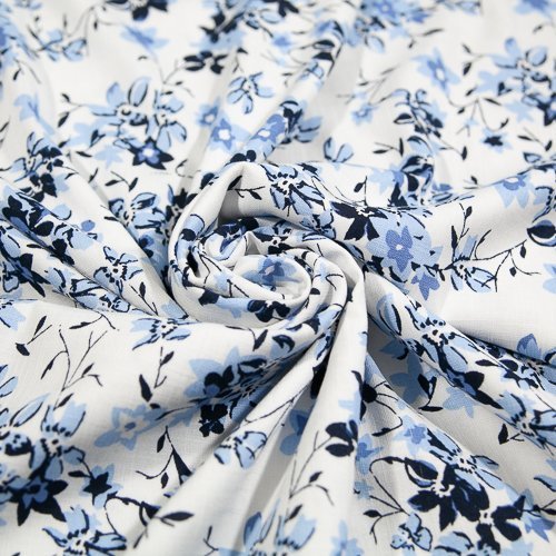 Изображение Лен смесовый, голубые цветы на белом