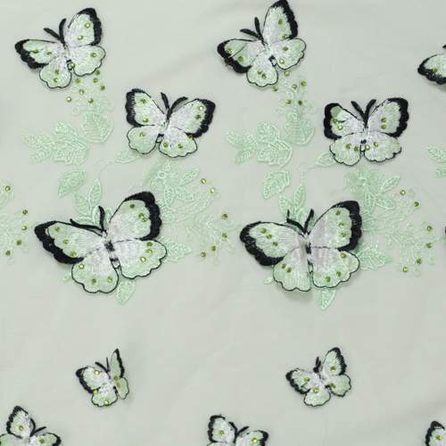 Изображение Вышивка на сетке со стразами и 3D бабочками, нежная фисташка