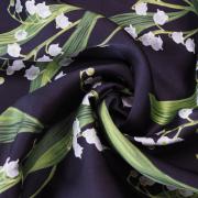 Изображение Плательная ткань, вискоза атласная, ландыши на черном, дизайн ALTAMODA