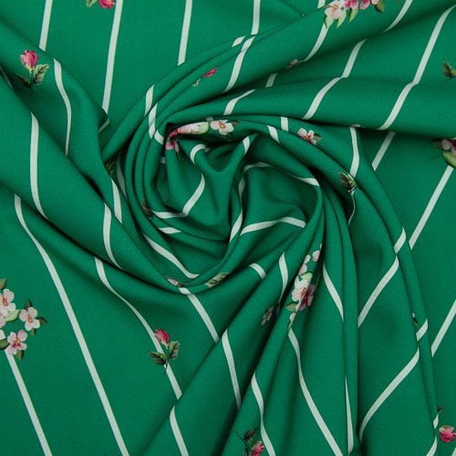 Плательная ткань стрейч, полиэстер, полоса цветы, зеленый