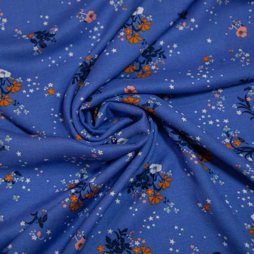 Изображение Плательная ткань синяя, мелкие цветы, звездочки и букеты