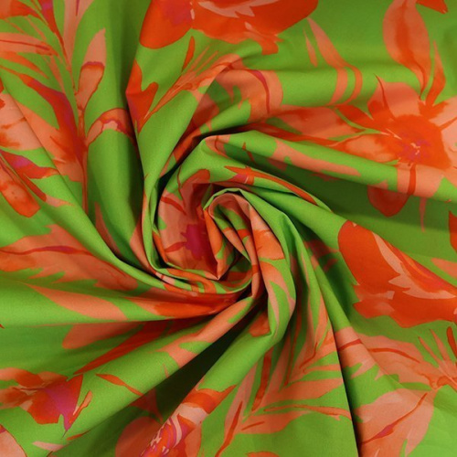 Изображение Хлопок оранжевые лилии на салатовом
