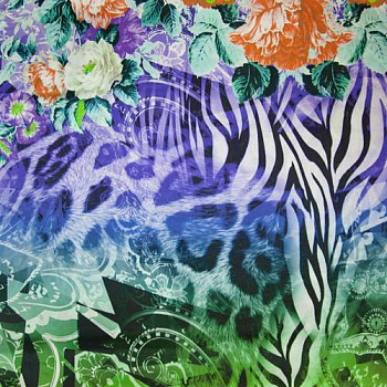 Изображение Атласный шелк натуральный стрейч, цветы, зебра, леопард