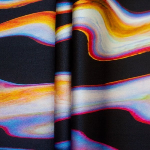 Изображение Шелк стрейч атласный, цветные волны на черном