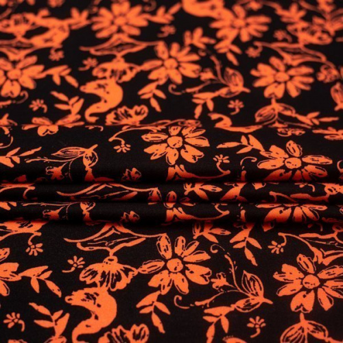 Изображение Плательная ткань, цветы, черный, оранжевый
