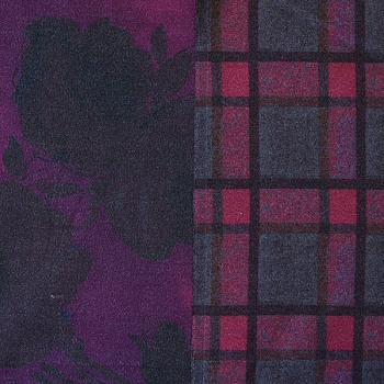 Изображение Пальтовая ткань двусторонняя, клетка, цветы, вишневый