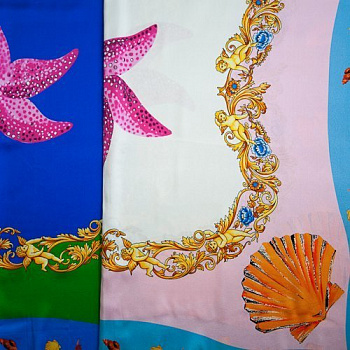 Изображение Шелк атласный стрейч, платки, морские звезды, Купидоны, дизайн VERSACE, 2 цвета