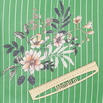 Изображение Шифон шелковый с вискозой зеленый в полоску, дизайн букет цветов