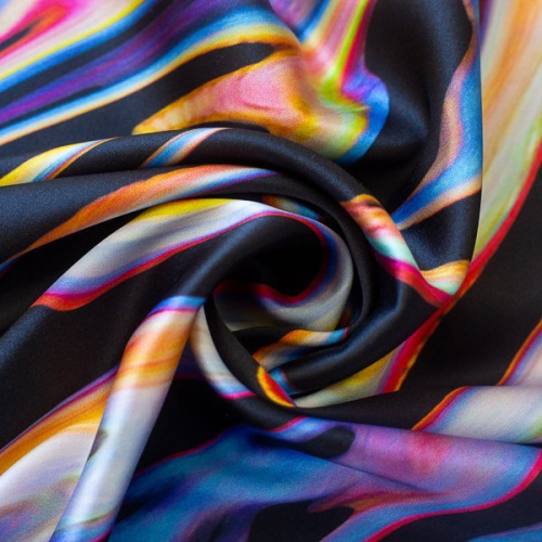 Изображение Шелк стрейч атласный, цветные волны на черном