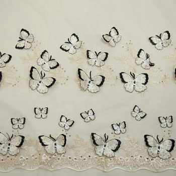 Изображение Вышивка на сетке со стразами и 3D бабочками, светлый беж
