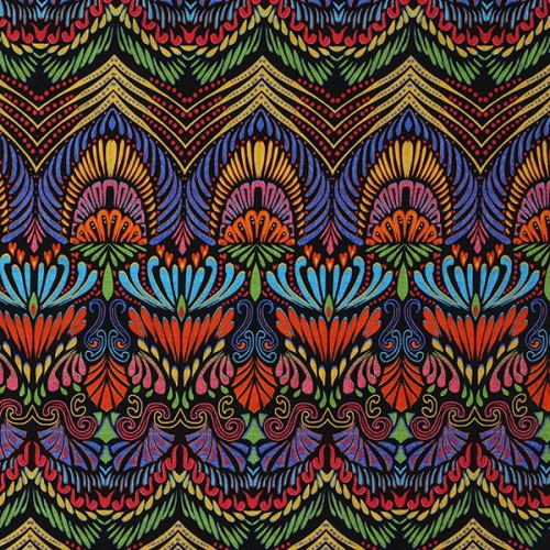 Изображение Шелк стрейч, разноцветные узоры на черном, дизайн ETRO