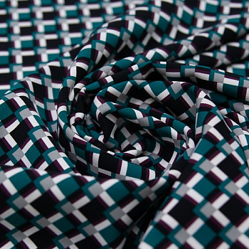 Изображение Плательно-костюмная ткань стрейч, темно-зеленый, черный, белый, клетка геометрия