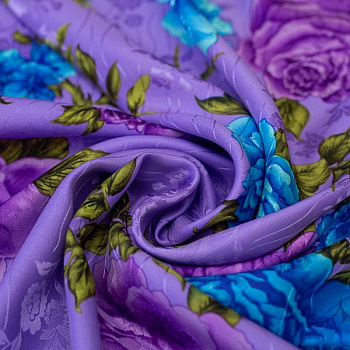 Изображение Шелк жаккард, цветы, синий, сиреневый