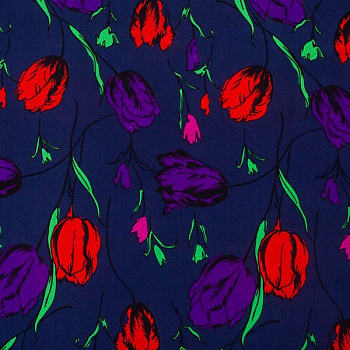 Изображение Шелк натуральный, тюльпаны на темно-синем