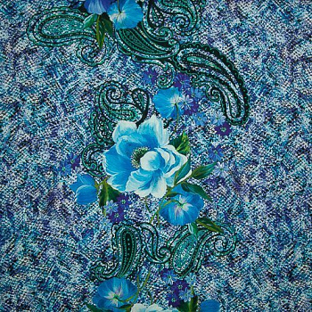 Изображение Трикотаж вискоза, бирюзовый, турецкие огурцы и цветы