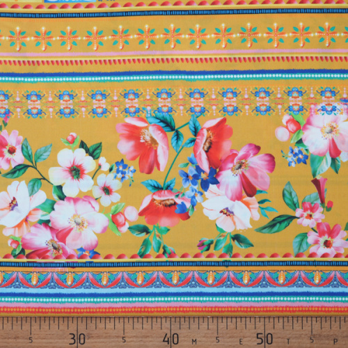 Изображение Плательная ткань, вискоза, цветы на горчичном