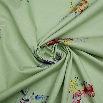 Изображение Хлопок стрейч пастельно-зеленый, мелкие букеты лилий