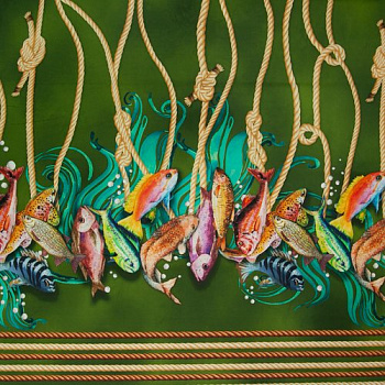 Изображение Хлопок сатин купон стретч зеленый, рыбы, дизайн ALTA MODA