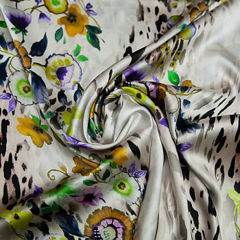 Изображение Натуральный шелк атласный стрейч, леопард и цветы