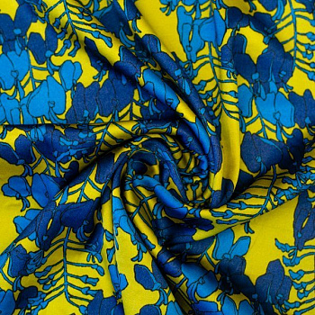 Изображение Атлас стрейч, ветки, синий, желтый