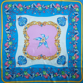 Изображение Шелк атласный стрейч, платки, морские звезды, ракушки, дизайн VERSACE, 2 цвета