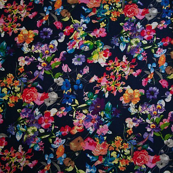 Изображение Трикотаж  вискоза, цветы на темно-синем