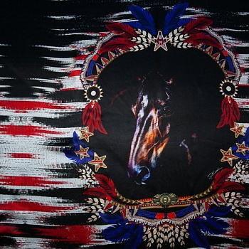 Изображение Шелк атласный, кони, ордена, черный, красный, дизайн CAVALLI