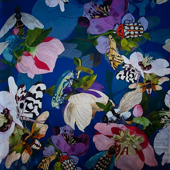 Изображение Шелк атласный стрейч, цветы, стрекозы, купон 1,4м