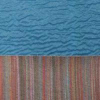 Изображение Плащевая голубая ткань на разноцветной трикотажной основе в полоску