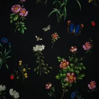 Изображение Креп стрейч, цветы, бабочки на черном, дизайн MARINA RINALDI