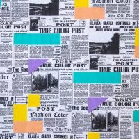 Изображение Трикотаж кулирка, газета, желтый, фиолетовый